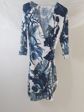 Atelier Navy Blue & White Floral Faux Wrap Dress - 3/4 Sleeve - Size Medium